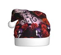 VXXNlnn Festive Christmas Hat for Adults – Unisex Santa Hat with Day Of The Dead Sugar Roses Skull Print Design, Perfect for Xmas, Holiday Parties