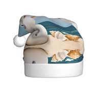 VXXNlnn Festive Christmas Hat for Adults â€“ Unisex Santa Hat with Snowman With Seashells Sitting On Sandy Beach (1) Print Design, Perfect for Xmas, Holiday Parties