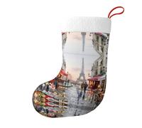 VXXNlnn Oil Painting Paris Street Scene Eiffel Tower Print Christmas Stocking 18 Inches â€“ Fireplace Hanging Holiday Party Decoration, Happy Home Decor
