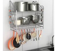 VyGrow 28 Inch Pot Rack Wall Mounted, 2 Tier Pots and Pans Organizer with 20 Hooks and 6 Pot Lid Holders, Heavy Duty Steel Pot and Pan Hanger for Kitchen Cookware Utensils Storage, Silver