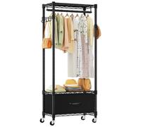 VyGrow Clothes Rail, Clothes Rack for Hanging Clothes, 3 Tiers Adjustable Closet Organizer System with Drawer | Hanging Rod | Side Hooks | Load 445lbs | 23" L x 13.1" W x 78.7" H | Black