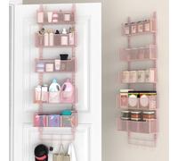 VyGrow Over The Door Organizer, Metal Door Organizer Hanging with 5 Adjustable Baskets and Coat Hook, Behind The Door Storage for Bedroom Closet Bathroom Pantry Cabinet Kitchen, Pink