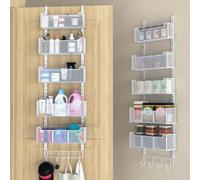 VyGrow Over The Door Storage, Metal Door Organiser Hanging with 5 Adjustable Baskets and Coat Hook, Behind The Door Storage for Bedroom Closet Bathroom Pantry Cabinet Kitchen, White