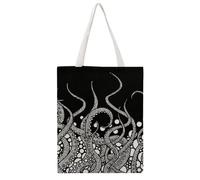 VYJLOO Octopus Black Canvas Tote Bag For Women Reusable Grocery Bag Shopping Handbag Shoulder Bag 38×46cm