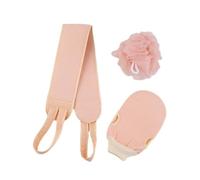 Vyloky 3-Piece Exfoliating Set with Glove, Back Scrub and Shower Ball for Thorough Body Cleansing and Soft Skin in the Shower, Unisex (Pink)