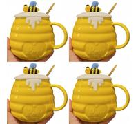 Vyloky Bee Coffee Mug 400 ml with Lid and Spoon - Cute Ceramic Mug with Bee Motif for Coffee Cocoa Tea for Women and Girls (Set of 4 Bright Yellow)