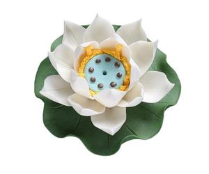 Vyloky Ceramic Incense Stand, Lotus Design with Leaf Bowl, in Various Sizes and Colours, Ash Catcher for Meditation, Yoga & Zen Decoration, Gift (Large, White)