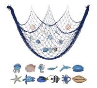 Vyloky Decorative Mediterranean Style Fishing Net - Seashells & Starfish Wall Decoration Gift Idea for Party, Wedding, Beach & Home (Royal Blue (with Seahorse))
