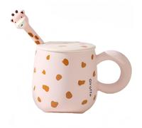 Vyloky Giraffe Ceramic Mug 400 ml with Lid Spoon Cute Design Gift for Children Adults Blue Pink Yellow (Giraffe Pink)