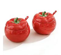 Vyloky Tomato Spice Jar with Lid & Spoon, Ceramic 420 ml, Height 12 cm, Diameter 10.5 cm, for Salt, Sugar or Chilli Oil, Dishwasher & Microwave Safe (Pack of 2)
