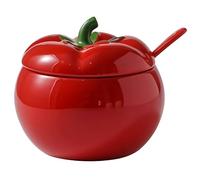 Vyloky Tomato Spice Jar with Lid & Spoon, Ceramic 420 ml, Height 12 cm, Diameter 10.5 cm, for Salt, Sugar or Chilli Oil, Dishwasher & Microwave Safe (Pack of 1)