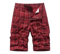 VYLYNL Cargo Shorts Men Checked Shorts Lightweight Chinos Combat Work Casual Short Multi Pockets Below Knee Length Summer Half Pants for Summer, Walking, Hiking, Climbing & Camping Red