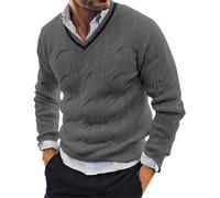 VYLYNL Men Knitted Jumpers, V Neck Knit Pullover Sweater, Cable Knitted Jumper, Thick Long Sleeve Knitwear Chunky Cricket Jumper Solid Color Work Jumpers Autumn Winter Warm Sweater Undershirts Grey