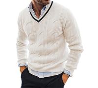 VYLYNL Men Knitted Jumpers, V Neck Knit Pullover Sweater, Cable Knitted Jumper, Thick Long Sleeve Knitwear Chunky Cricket Jumper Solid Color Work Jumpers Autumn Winter Warm Sweater Undershirts White