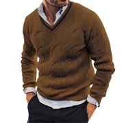 VYLYNL Men Knitted Jumpers, V Neck Knit Pullover Sweater, Cable Knitted Jumper, Thick Long Sleeve Knitwear Chunky Cricket Jumper Solid Color Work Jumpers Autumn Winter Warm Sweater Undershirts Brown