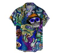 VYLYNL Men's Hawaiian Shirts Skull Printed Beach Shirts Funky Short Sleeve Summer Shirt Funny Hawaiian Fancy Dress Personalised Beach Party Wear Cool Tropical Holiday Shirt Tops Blue