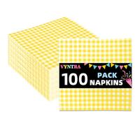 Vyntra Yellow and White Gingham Disposable Paper Napkins, 100 Count Checkered Party Tableware for Easter Brunch, Sunshine Birthday, Summer Picnic BBQ, Lemon Theme