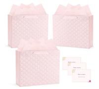 VynyQoo Gift Bag, 3PCS Gift Bags for Presents with 3 Greeting Cards 3 Tissue Paper, Portable Pink Gift Bag with Handles, Medium Birthday Gift Bags Party Bags for Valentines Christening Wedding