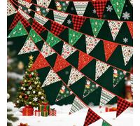 Vyqrx 12M 42Pcs Christmas Fabric Bunting Banner, Cotton Triangle Flags Garland, Reusable Christmas Wall Decorations for Indoor Outdoor Party, Fireplace & Home Decor (Red Green White)