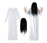 Vyqrx 2 Pcs Women Ghost Costume Set,Adult Ghost Costume with White Victorian Vintage Nightgown Gown Black Wig for Horror Halloween Cosplay,White Halloween Dress