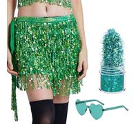 Vyqrx 3-Piece Green Sequin Skirt Set for Women, Sparkly Green Skirts with Clear Heart Glasses & Body Glitter, Glittery Tassel Style for Rave, Festival & Dance, Ideal for Rio Costume