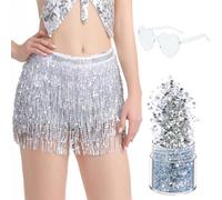 Vyqrx 3-Piece Silver Sequin Skirt Set for Women, Sparkly Silver Skirts with Clear Heart Glasses & Body Glitter, Glittery Tassel Style for Rave, Festival & Dance, Ideal for Rio Costume