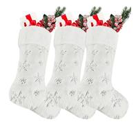 Vyqrx 3Pcs Christmas White Stocking with Silver Glitter Snowflakes, White Plush Xmas Stockings for Fireplace, Tree & Holiday Decor