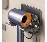 Vyranut Hair Dryer Holder Wall Mounted - Space Aluminium No-Drill Adhesive Hairdryer Rack with Cable Slot, Anti-Slip Bathroom Storage Stand for Hair Dryer & Styling Tools - 145×102×74mm