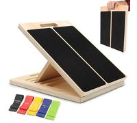 Vyranut Wooden Slant Board, Adjustable Incline Calf Stretch Board for Leg and Achilles Stretching - Foldable Non-Slip Board with Handle and 5 Resistance Bands for Home Gym or Office