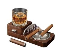VYSLZ Cigar Cutter Wooden Desktop Station Whiskey Glass Tray Integrated Ashtray Holder Stainless Steel Manual Preparation Tool Unit