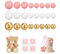 Vyuwast 26Pcs Mini Balls Topper with Cute Bear Cake Decoration Baby Letter Toppers Foam Balloon Pearl Ball for Baby Shower Birthday Animals Theme Party Supplies (Pink)