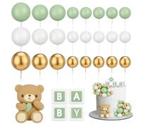 Vyuwast 26Pcs Mini Balls Topper With Cute Bear Cake Decoration, Green and Gold Baby Letter Toppers, White Foam Balloon Pearl Ball for Baby Shower Birthday Animals Theme Party Supplies