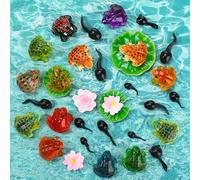 Vyuwast 34 Pcs Mini Artificial Pond Accessories Mini Frogs Tadpoles Tiny Resin Lily Leaves Artificial Lotus Flowers for Garden Fish Pond Patio Aquarium Water Decoration