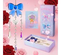 Vyuwast Bow Crystal Suncatcher with Engravable Heart Tag and Crystal Chains-Sister Gift for Birthday Christmas Garden Decor Hanging Ornament Best Friend Present,home decor for women,Blue