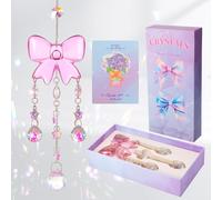 Vyuwast Crystal Suncatcher Gift for Women&Best Friend,Pink Bow Sun Catcher with 3 Crystal Chains,Rainbow Maker Window Hanging Decor for Window Bedroom Garden Outdoor Birthday Valentines Day Gifts