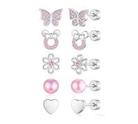 VYYU Earrings for Girls - 5 Pairs Lovely Silver Earrings for Kids: Butterfly/Bow/Flower/Pearl/Flat Studs Girls Jewellery Gifts for Daughter Granddaughter Niece Christmas Birthday Valentines Day