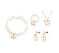 VYYU Girls Jewellery Set of 4 - Beautiful Pearl Earrings/Rings/Bracelet/Necklace for Kids, Cute White Butterfly Charm Jewellery Gift for Little Girls, Christmas Birthday Gifts for Daughter Niece