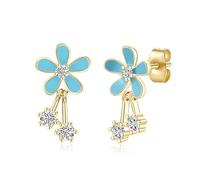 VYYU Gold Flower Earrings for Women Girls, Beautiful Daisy Ear Studs with Tiny Crystals Dangle | Yellow Gold Plated Sleeper Hypoallergenic Earings Bloom Jewellery Christmas Birthday Gifts, Blue