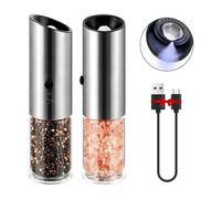 Vzaahu Electric Salt and Pepper Grinder Set of 2, Rechargeable USB, Adjustable Coarseness, Silver Color, Battery Operated, Electrical Spice Mills Shaker with Light