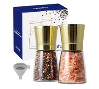 vzaahu Golden Salt and Pepper Grinders with Funnel, Brush - Adjustable Coarseness Shiny Gold Cap Seasalt Peppermill Set Refillable with Magnetic Lid, for Modern, Kitchen Decoration Gift