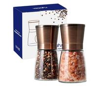 Vzaahu Salt and Pepper Copper Grinders, Set of 2 Refillable Bronze Brass, Seasalt Spice Peppermill with Magnetic Lids Adjustable Coarseness, Ceramic Core, Kitchen Gift