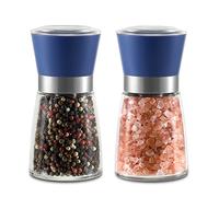 Vzaahu Salt and Pepper Grinder Set Blue - Refillable Small Seasalt & Peppercorn Shakers, Adjustable Coarseness, Ceramic Burr, Premium Glass Peppermill, Transparent Lid