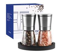 Vzaahu Salt and Pepper Grinders 2 Set with Ceramic Core with Storage Base, Adjustable Coarseness, Portable, Refillable Spice Mills,Home Kitchen Birthday, Housewarming Gifts