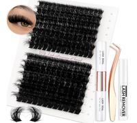 Vznffur Fluffy Lash Extension Kit 182Pcs Thick Eyelash Extension Kit 10-18mm Volume Cluster Lashes Set with Bond and Seal Tweezers Cluster Remover (150D&200D Kit)