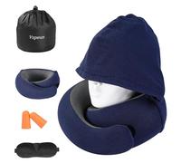 Vzpeun Travel Pillow - Hooded Neck Pillow Airplane Memory Foam Filling for Plane, Office, Cars Sleeping, Road Trip, Long Flights, Portable Plane Accessories, Includes Eye Mask & Earplugs (Navy)
