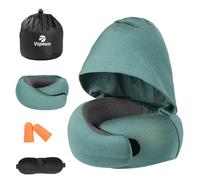 Vzpeun Travel Pillow - Hooded Neck Pillow Airplane Memory Foam Filling for Plane, Office, Cars Sleeping, Road Trip, Long Flights, Portable Plane Accessories, Includes Eye Mask & Earplugs (Green)