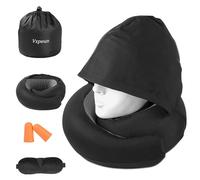Vzpeun Travel Pillow - Hooded Neck Pillow Airplane Memory Foam Filling for Plane, Office, Cars Sleeping, Road Trip, Long Flights, Portable Plane Accessories, Includes Eye Mask & Earplugs (Black)