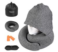 Vzpeun Travel Pillow - Hooded Neck Pillow Airplane Memory Foam Filling for Plane, Office, Cars Sleeping, Road Trip, Long Flights, Portable Plane Accessories, Includes Eye Mask & Earplugs (Dark Gray)
