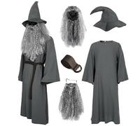 VZQI Grey Wizard Costume Set for Men with Wizard Wig and Beard Halloween Adults Robes Cosplay Accessories, Gray, S/M