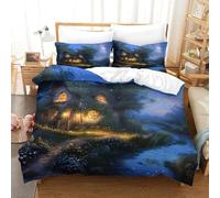 VZQWERTYU Cozy Cottage 2 Piece Polyester Microfibre Fantasy Night Scene Duvet Cover Set, Hidden Zip, Teenagers, All Season Use Skin Friendly Soft Touch Breathable Cosy Wrinkle Free Single（140x200cm）